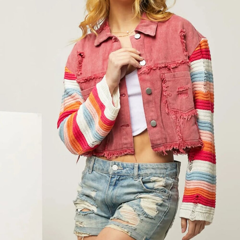 107 Live $33. Start, NWT POL Raw Edge Crochet Sleeve Denim Jacket